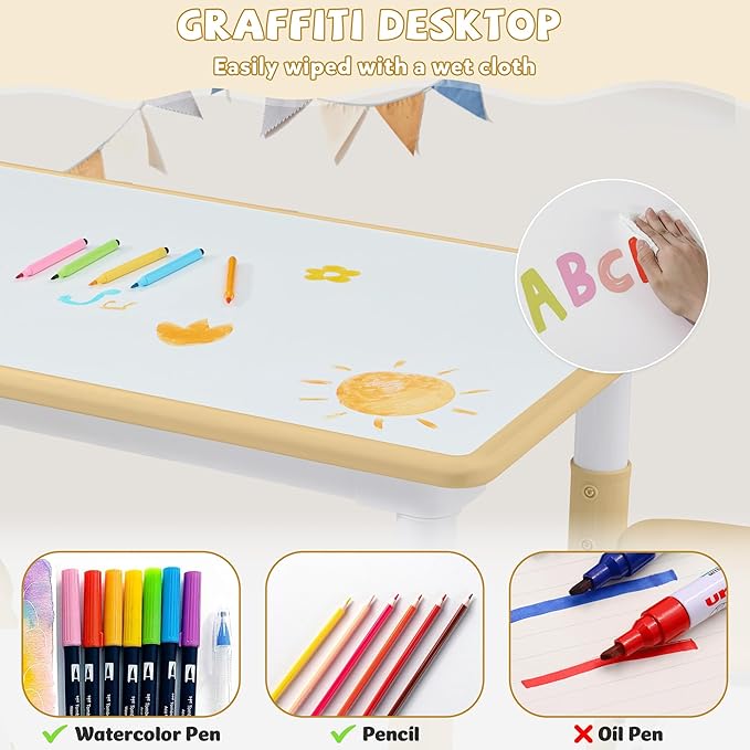 Adjustable Kids Table Chairs Set – Graffiti Desktop, Multi-Activity Height-Adjustable Toddler Study Desk for Ages 3-8 – Ideal for Home, Classroom, Daycare (B-Brown, 4 Chairs-47.2" L x 23.6" W)