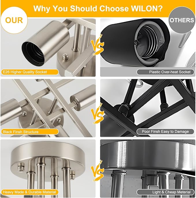 WILON Semi Flush Mount Ceiling Light Fixture, Modern Flush Mount Ceiling Lights, 4-Light Brushed Nickel Sputnik Ceiling Light Fixture with E26 Bulb Base for Hallway Farmhouse Kitchen Bedroom