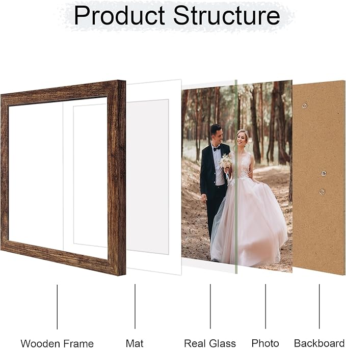 12x12 Picture Frame Set of 4 with Tempered Glass, Rustic Frame Display 10x10 Pictures with Mat or 12 x 12 Without Mat, Wood Square Photo Frames for Desktop Display and Wall Mount