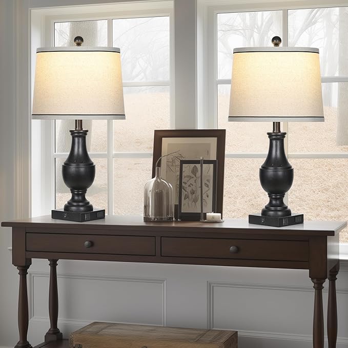 Table Lamps for Living Room Set of 2, Farmhouse Vintage Table Lamp with USB A+C Charging Ports & AC Outlet, 25" Black Rustic Traditional Lamps for Bedroom Nightstand Desk(2 LED Bulbs Included)