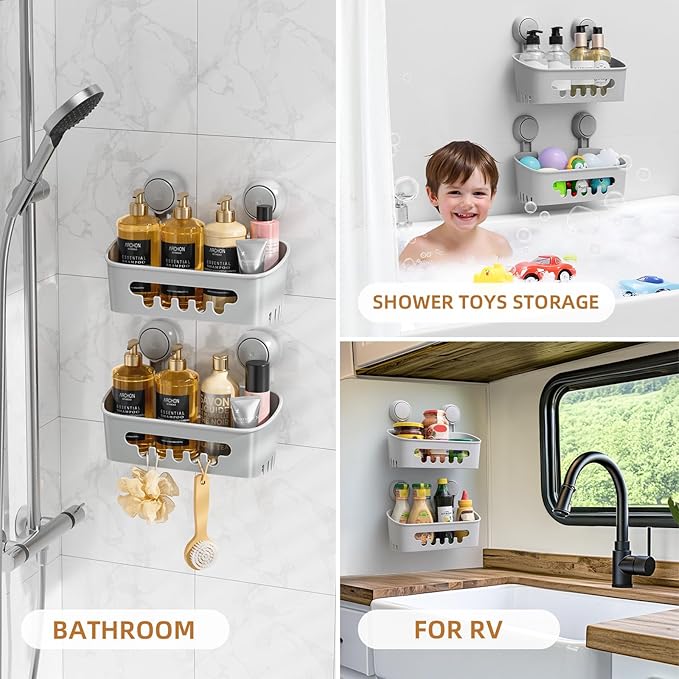 LEVERLOC Shower Caddy Suction Cup 2 Pack, Shower Organizer Removable Bathroom Shelf, Storage Suction Powerful Max Hold 22lbs Bathroom Caddy Waterproof Holder, Gray