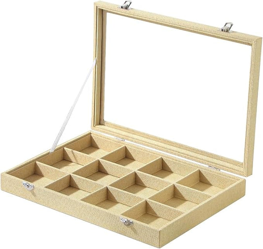 Coward Jewelry Organizer Box, Yellow Linen 12 Grids Bracelet Bangle Necklace Jewelry Display Tray Case with Transparent Glass Lid for Home Drawer Desk or Store Selling Show
