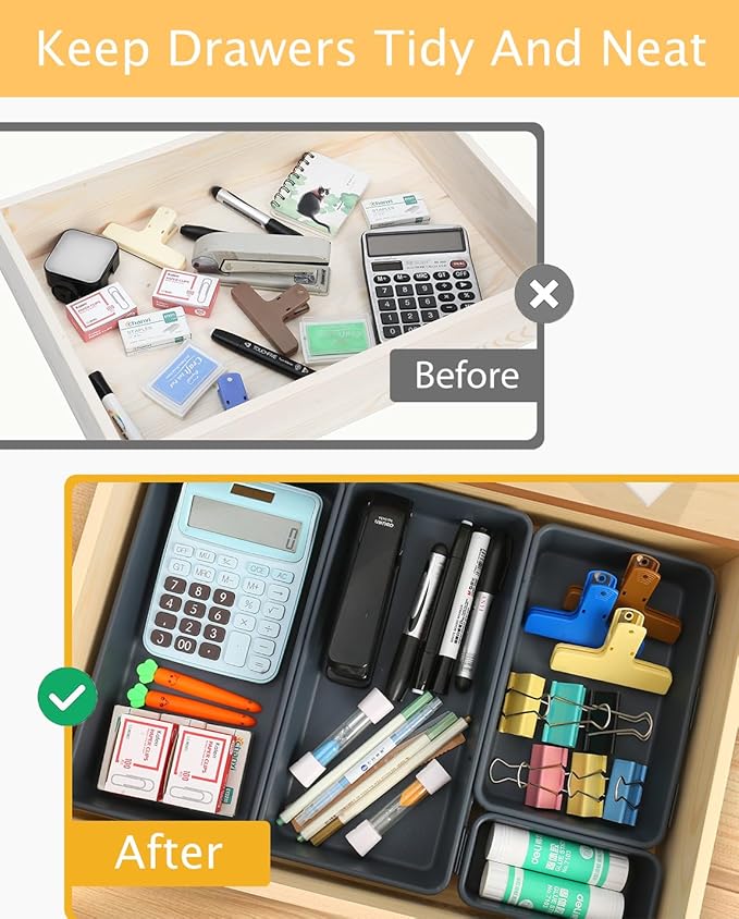 6 PCS Large Drawer Organizer, 3 Sizes Plastic Versatile Desk Drawer Organizer Trays, Kitchen Drawer Organization and Plastic Storage Bins for Makeup, Vanity, Kitchen, Utensils, Office, Bathroom