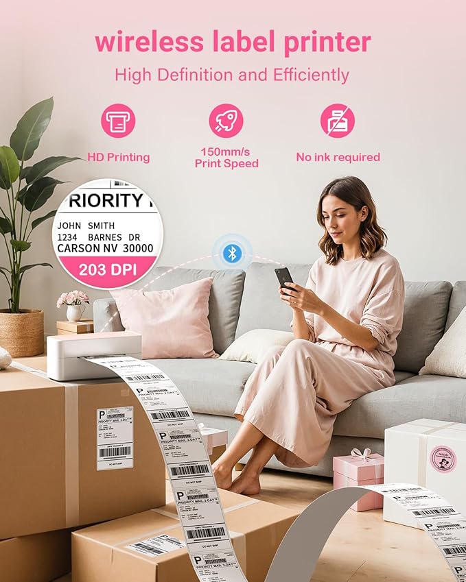 ASprink Shipping Label Printer - Bluetooth Thermal Label Printer for Shipping Packages, Small Business, Barcode Labels, Customer Stickers Compatible with for Amazon, Ebay, Shopify, USPS, UPS, FedEx