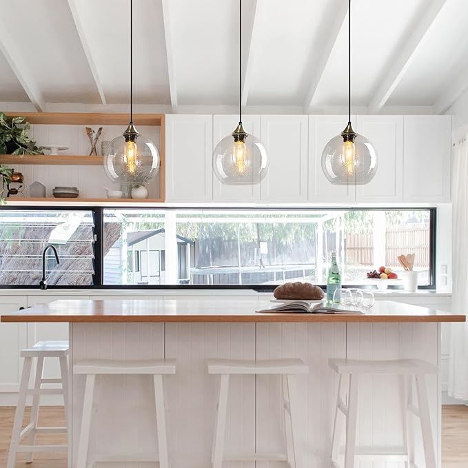 Modern Pendant Light Fixture, Clear Glass, 7.87in, Kitchen Island, Living Dining Room, 3-Pack