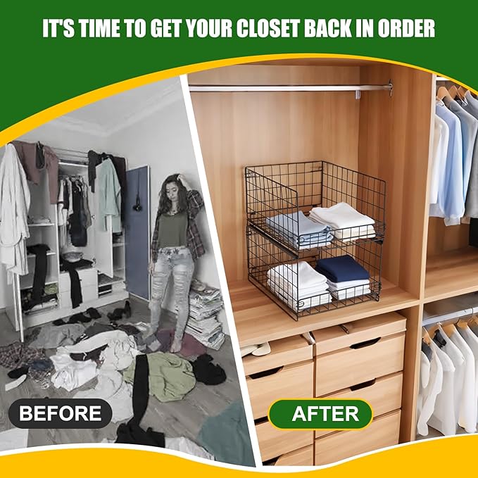 4-Tier Storage Basket, Stackable Closet Organizers, Foldable Closet Shelf Organizer System, Space-Saving, Snacks Books Clothing Towel Storage Drawer Organizer for Wardrobe Living Room Office - Black