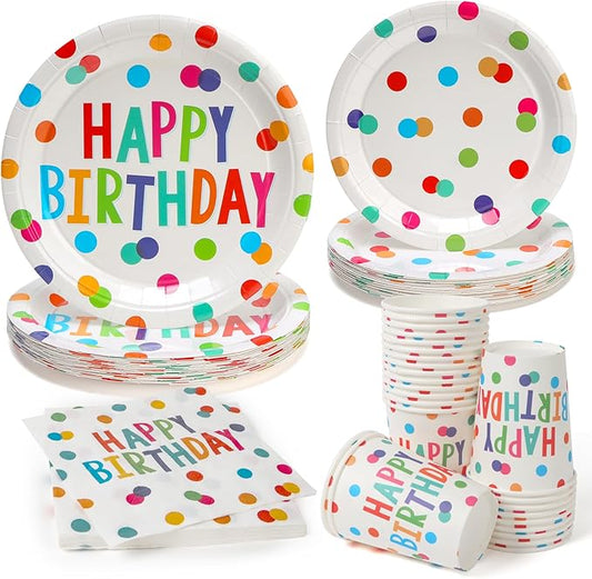 100pcs Birthday Party Plates Disposable Tableware Set Colorful Polka Dots Paper Plates for 25 Guests Party Supplies Baby Shower(Include 7" & 9" Plates, Cups and Napkins)