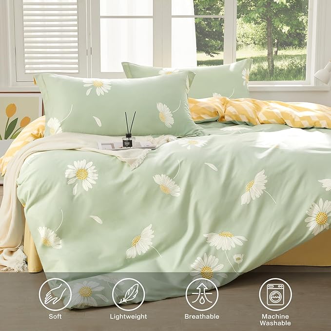 SAPHREAS White Daisy Floral Duvet Cover Set Twin Size 2pcs Light Green Bedding Comforter Cover Set 100% 1 Duvet Cover 68"x90" 1 Pillow Sham, Comforter Not Included