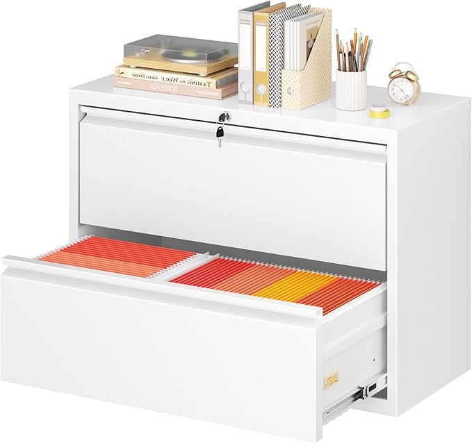 Greenvelly Lateral File Cabinet 2 Drawer, Lockable Metal Filing Cabinet for Home Office, White Metal File Cabinet with Lock for Legal/Letter/A4/F4 Size with Hanging Bars&Key