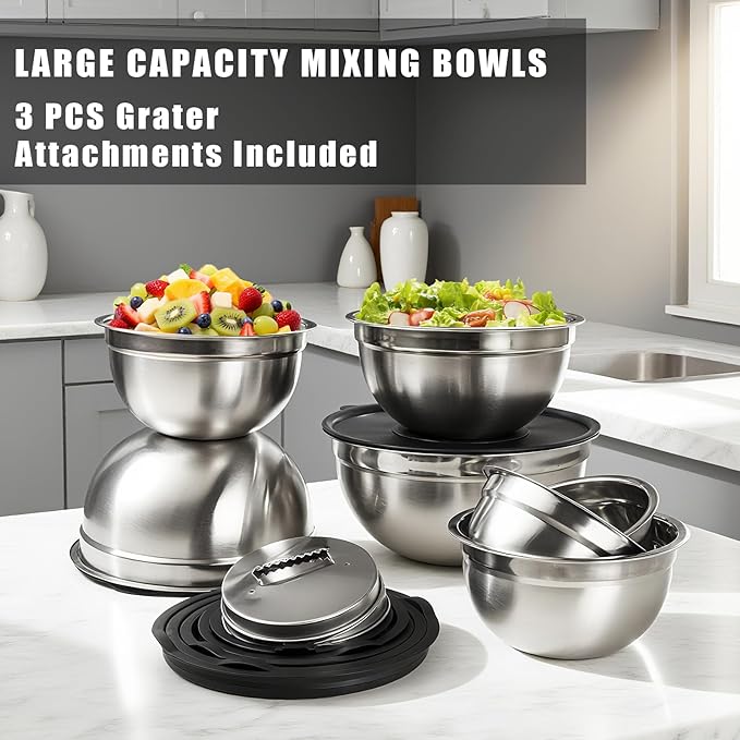 Lazycorner Stainless Steel Mixing Bowls with Airtight Lids Set of 7 Stainless Steel Bowls Set with 3 Grater Attachments Great for Serving & Baking