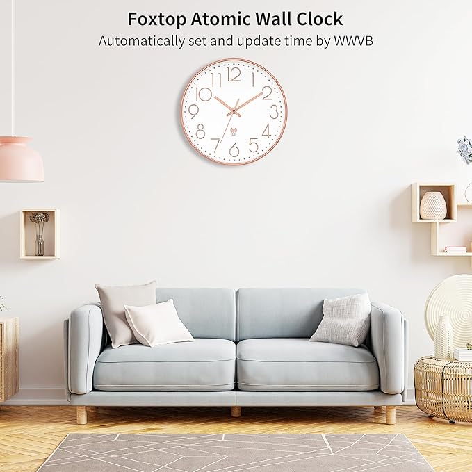 Foxtop Atomic Wall Clock Battery Operated Round Analog Modern Wall Clock Sets Automatically for Office Classroom Bedroom Kitchen Living Room (Rose Gold)