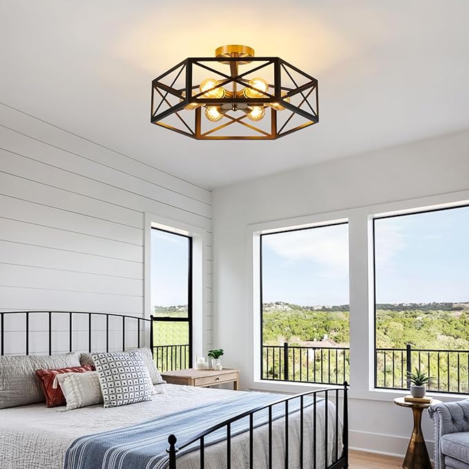 6 Light Semi Flush Mount Ceiling Light, Black Gold Ceiling Light, Industrial Hallway Light Fixtures Ceiling Mount, Modern Metal Hexagon Cage Ceiling Lamp for Kitchen, Bathroom