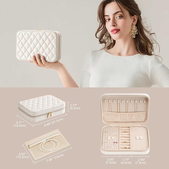 Lolalet Travel Jewelry Case for Women, Travel Jewelry Organizer Box with Mirror & Clear Storage Bag, Small Portable Traveling Earring Necklace Bracelet Ring Case, Bridesmaid Gifts -Medium, White