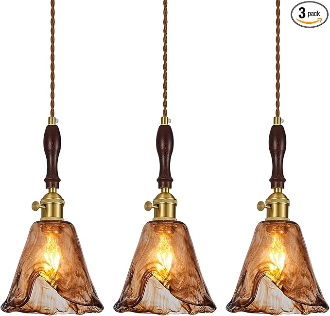 Brown Glass Vintage Pendant Light 6.18" Handmade Glass Pendant Lights Kitchen Island Gold Hanging Light Fixture for Bedroom Dining Room Hotel (3 Pack)