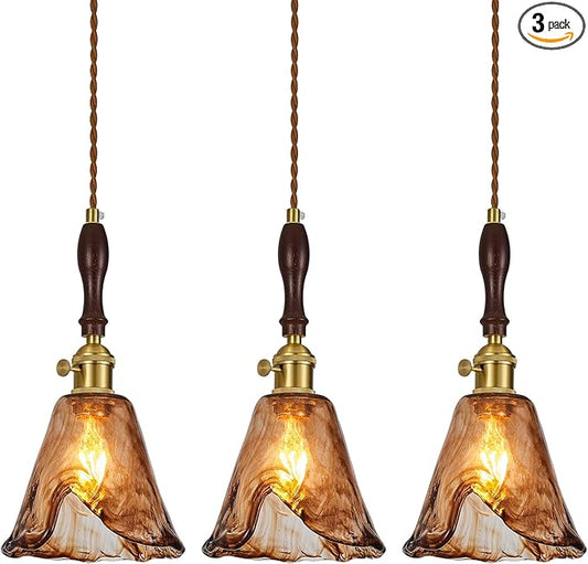 Brown Glass Vintage Pendant Light 6.18" Handmade Glass Pendant Lights Kitchen Island Gold Hanging Light Fixture for Bedroom Dining Room Hotel (3 Pack)