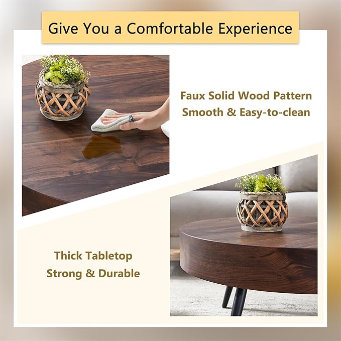 31.5'' Round Coffee Table for Living Room, Wood Texture Table Top, Black Metal Table Legs Tea Table for Dining Room Apartment Small Space (Black,Walnut)