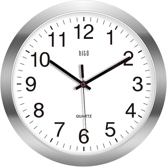 HITO 12 Inch Silent Wall Clock Battery Operated Non Ticking Glass Cover Silver Aluminum Frame, for Kitchen, Bedroom, Home Office, Living Room Decor