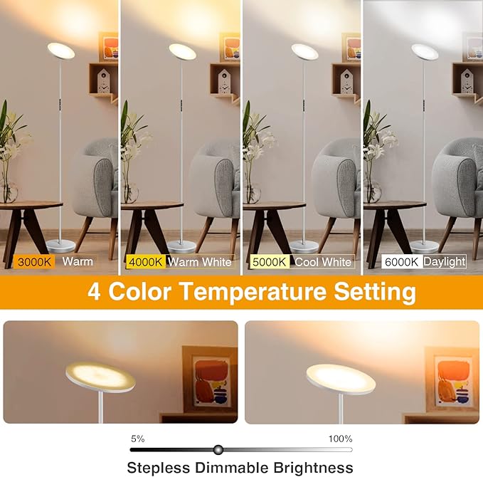 OUTON Floor Lamp, 30W/3000LM LED Modern Torchiere Sky Lamp, Super Bright Dimmable Standing Tall Lamp with 4 Color Temperatures, Remote Touch Control, Timer for Living Room Bedroom Office, Silver Grey