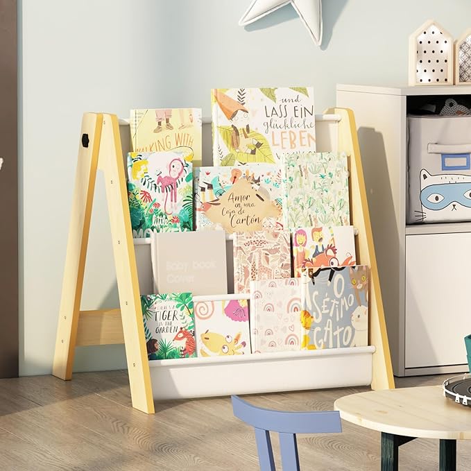 NACHES 4-Tier Foldable Kids Bookshelf, Large Capacity Montessori Sling Bookcase with 4 Deep Fabric Pockets, Magazine and Book Storage Rack for Nursery, Kids Room, Bedroom, Playroom (Burlywood)