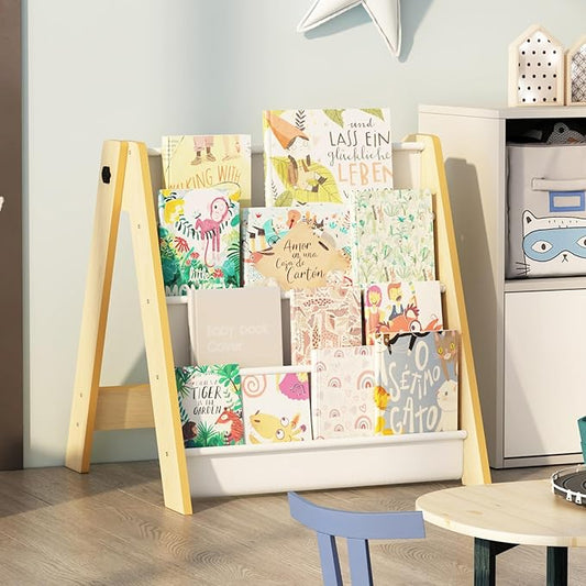 NACHES 4-Tier Foldable Kids Bookshelf, Large Capacity Montessori Sling Bookcase with 4 Deep Fabric Pockets, Magazine and Book Storage Rack for Nursery, Kids Room, Bedroom, Playroom (Burlywood)