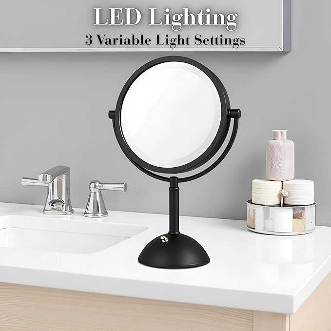 JERDON Lighted Makeup Mirror with Magnification - 1X and 8X Magnification - Black Makeup Mirror - Model HL8808BKL