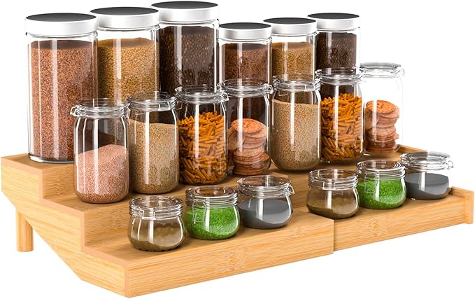 Spice Rack, Bamboo Spice Rack Kitchen Cabinet Organizer Expandable - Bamboo 3 Tier Figurine Display Shelf, Adjustable 3 Tier Spice Racks