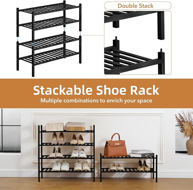 2 Tier Bamboo Shoe Rack Storage Organizer for Closet, Multifunctional Stackable Free Standing Shoe Shelf Organizer for Small Space,Entryway,Hallway,Bathroom 27"x11"x13" (Black, 2 Tier)