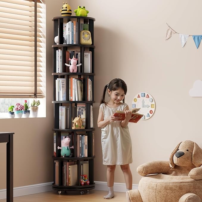 Solid Wood Rotating Bookshelf on Wheels, 6 Tier, Round Revolving Bookcase, 360° Spinning Book Shelf Tower for Kids, Narrow Rolling Bookshelves for Small Space, Corner, Bedroom, Office, Black