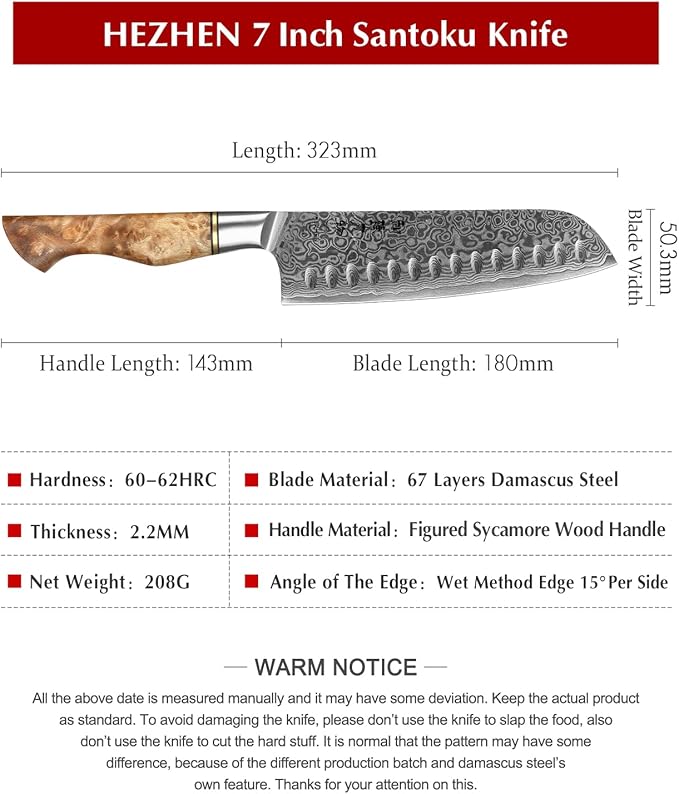 HEZHEN 7” Santoku knife, Damascus Steel Chef Knife, Asian Kitchen Knife Japanese Style, Figured Sycamore Wood Handle