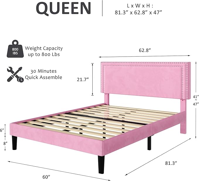 VECELO Queen Size Bed Frame with Adjustable Upholstered Headboard, Wooden Slats Platform, Noise-Free Design, No Box Spring Needed, Easy Assembly