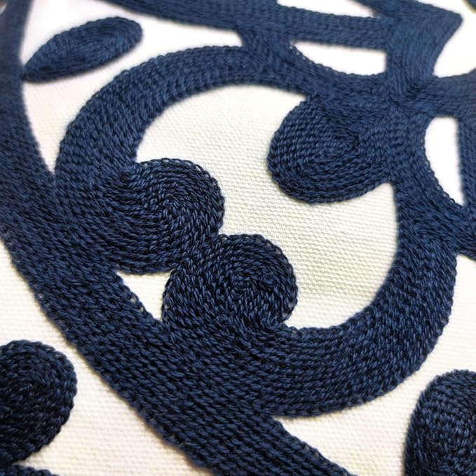 Alysheer Embroidered Lumbar Decorative Throw Pillow Covers 12"x 20" Set of 2, Classic Boho Mandala Embroidery Pattern Cotton Rectangular Cushion Case for Sofa Couch Living Room Bedroom(Navy Blue)