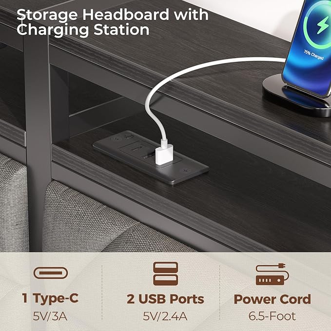 Seventable Bed Frame Queen Size with Charging Station, LED Bed with Upholstered Storage Headboard, Metal Platform Bed with Under Bed Storage, No Box Spring Needed, Noise Free, Easy Assembly, Grey