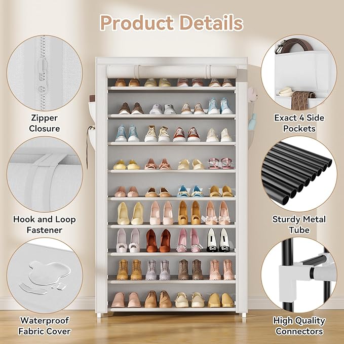 Shoe Rack with Covers 10 Tier Tall Shoe Rack Organizer Large Capacity Shoe Shelf Storage 40 Pairs Space Saving Free Standing Shoe Storage Organizer for Closet, Entryway, Dorm, White