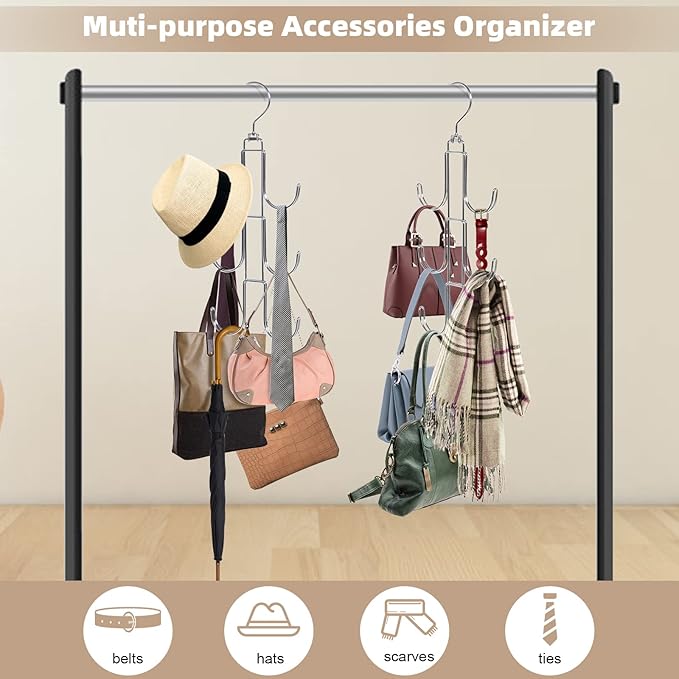 Purse Hanger Organizer for Closet, 2 Pack Handbag Storage Organizer, Hanging Purse Holder for Closet Organization and Space Saving, Accessories Organizer for Bags, Belts, Hats, Scarves, Ties