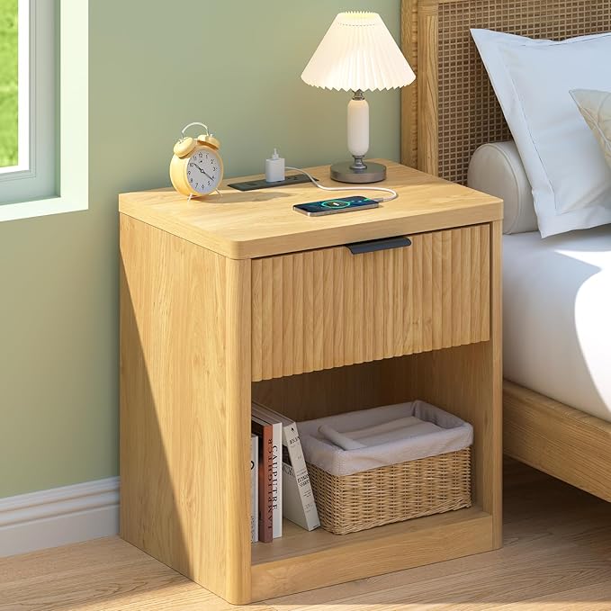 HOMMPA 22'' Fluted Nightstand with Charging Station, Modern Bedside Table w/Storage, End Table w/Drawer & Open Compartment, Wooden Bedside End Table for Bedroom, Living Room, Curved Profile Design