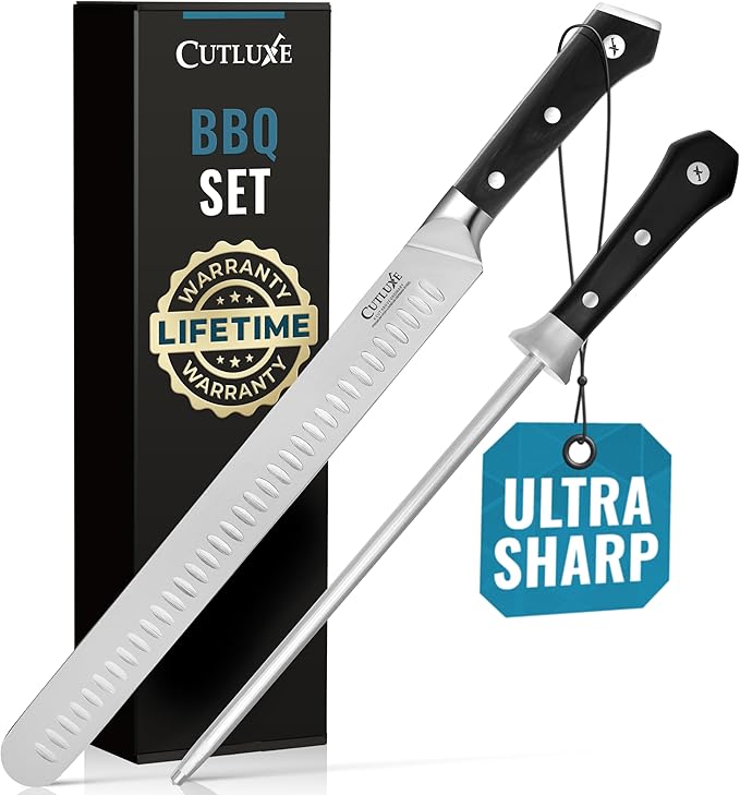 Cutluxe BBQ Knife Carving Set – 12" Brisket Knife & 10" Honing Rod, Butcher Knife Set for Meat Cutting – Ultra Sharp German Steel, Ergonomic Pakkawood Handles – Artisan Series
