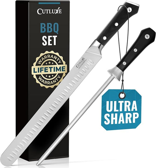 Cutluxe BBQ Knife Carving Set – 12" Brisket Knife & 10" Honing Rod, Butcher Knife Set for Meat Cutting – Ultra Sharp German Steel, Ergonomic Pakkawood Handles – Artisan Series
