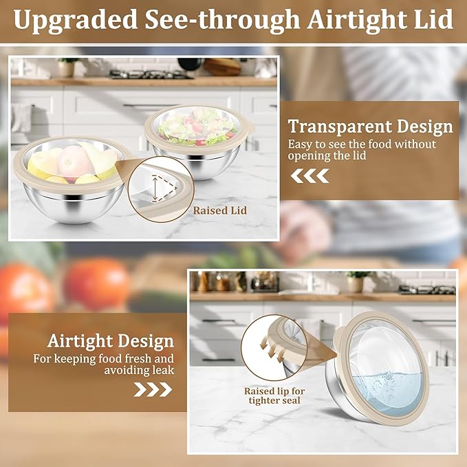 P&P CHEF Mixing Bowl with Visible Airtight Lid Set of 5, 10-Piece Stainless Steel Nesting Salad Bowl Set for Prepping, Mixing and Serving, Size 4.6, 3, 1.5, 1, 0.7 QT, Rimmed Edges & Flat Base, Khaki