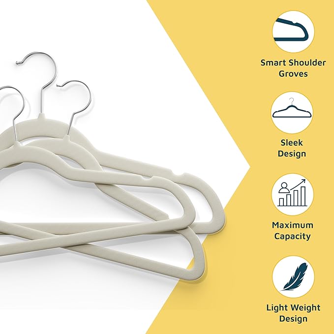 Velvet Non-Slip Hangers - 50 Pieces Non-slip Coat Hanger Set with 360° Swivel Hook, Space-Saving, Sleek Design, Keep Closet Organized, Smooth Velvet Finish, Lightweight Construction - Ivory