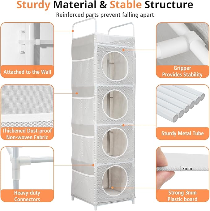 Stuffed Animal Storage, 5 Tier - 8 Side Pockets Toy Storage Organizer, 63.8" Space-Saving Corner Storage for Kids' Bedroom & Playroom, Grey