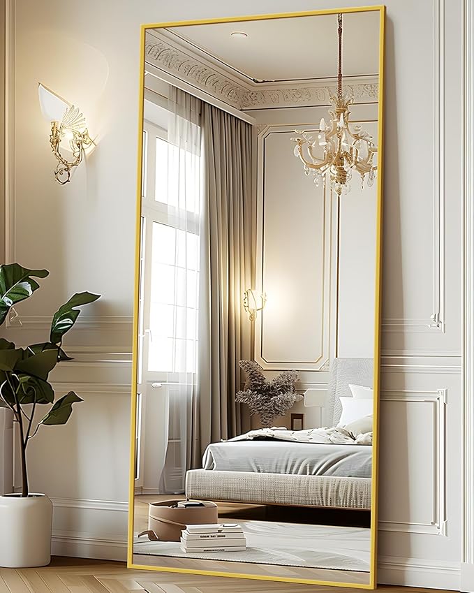 Antok Full Length Mirror, 76"x34" Floor Mirror with Stand, Hanging Mounted Mirrors for Bedroom, Living Room, Cloakroom, Dining Room, Gold, Rect