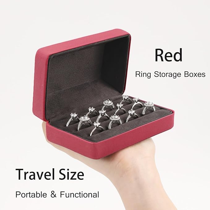 Ring Storage Boxes for Multiple Rings, Compact and Stylish Travel Jewelry case, Portable Small jewelry Organizer Box Tray Gift for Women, Girl(Red)