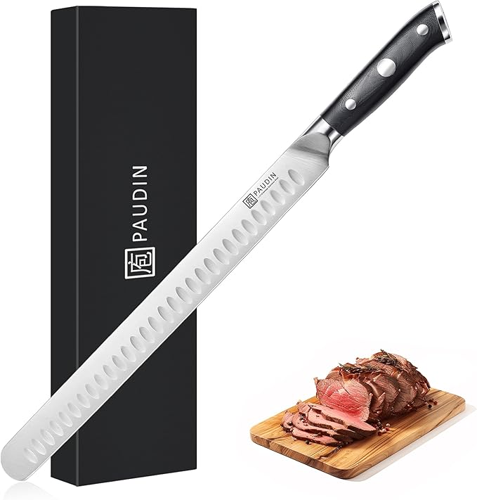 PAUDIN Carving Knife, 12 Inch Brisket Knife, Premium Slicing Knives with Granton Blade for Cutting Smoked Brisket, BBQ Meat, Turkey - Ergonomic G10 Handle