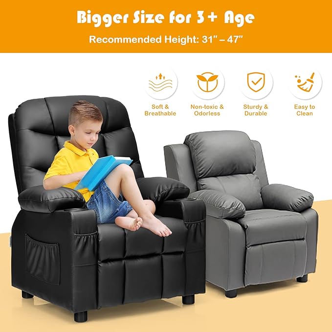 Kids Recliner, Kids Recliner Chair w/ 2 Cup Holders, PU Leather Kids Chairs Compy w/Adjustable Backrest & 3 Pockets, Toddler Furniture Sofa for Boys Girls Aged 3+ (Black)