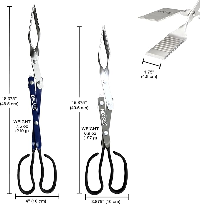 BBQ Croc 3-in-1 Barbecue Tool 18-inch + 15-inch 2-Pack - Extra Light and Long Tongs, Spatula and Grill Scraper (Blue) (18 inch + 15 inch)