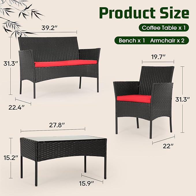 FDW | 4-Piece Patio Furniture Set | Red | Outdoor Wicker Furniture with Coffee Table | Modern Rattan Chairs Conversation Set | Outdoor Seating | Weather-Resistant | for Porch, Garden, Lawn