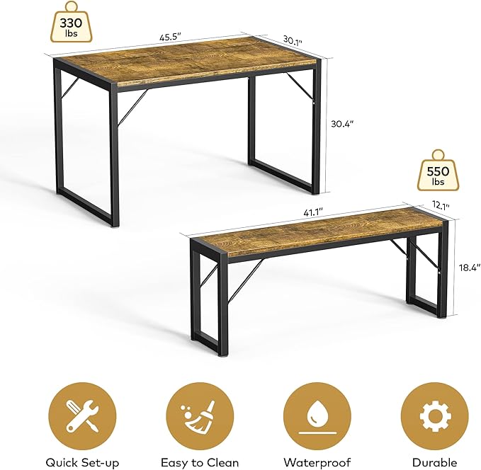 Gizoon 45.5" Dining Table Set for 4 with 2 Benches, Kitchen Table Set with Metal Frame & MDF Board, Space-Saving Dinette for Kitchen, Dining Room -Retro