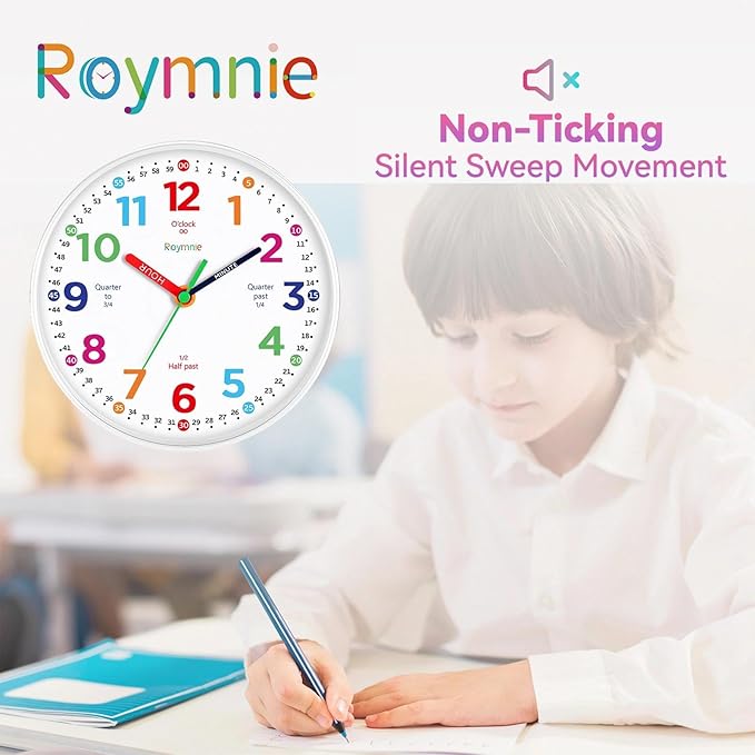 Roymnie14 Inch Wall Clock for Kids Learning to Tell Time Large Analog Silent Battery Operated Teaching Clock Silent Colorful Teaching Time Ideal Gift for Kids Room School(White Grain)