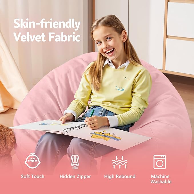 Homguava 2FT Bean Bag Chair: 2' Bean Bags with Memory Foam Filled,Comfy Beanbag Chairs Round Bean Bag Sofa with Dutch Velvet Cover-Light Pink