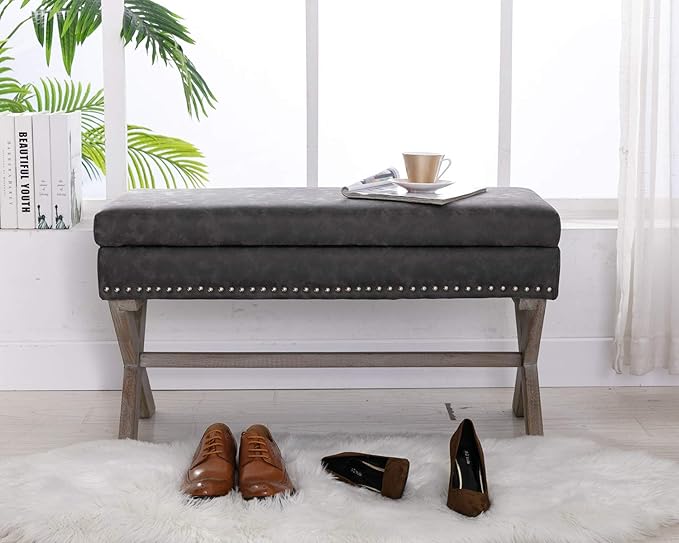 chairus PU Leather Upholstered Storage Entryway Bench, 36 inch Bedroom Bench Seat with X-Shaped Wood Legs for Living Room, Foyer or Hallway - Gray